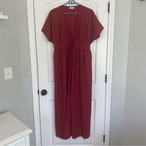 Pinup Fashion Women's Long Flowy Rust Red Swim Cover Up Tie Front Kimono Medium